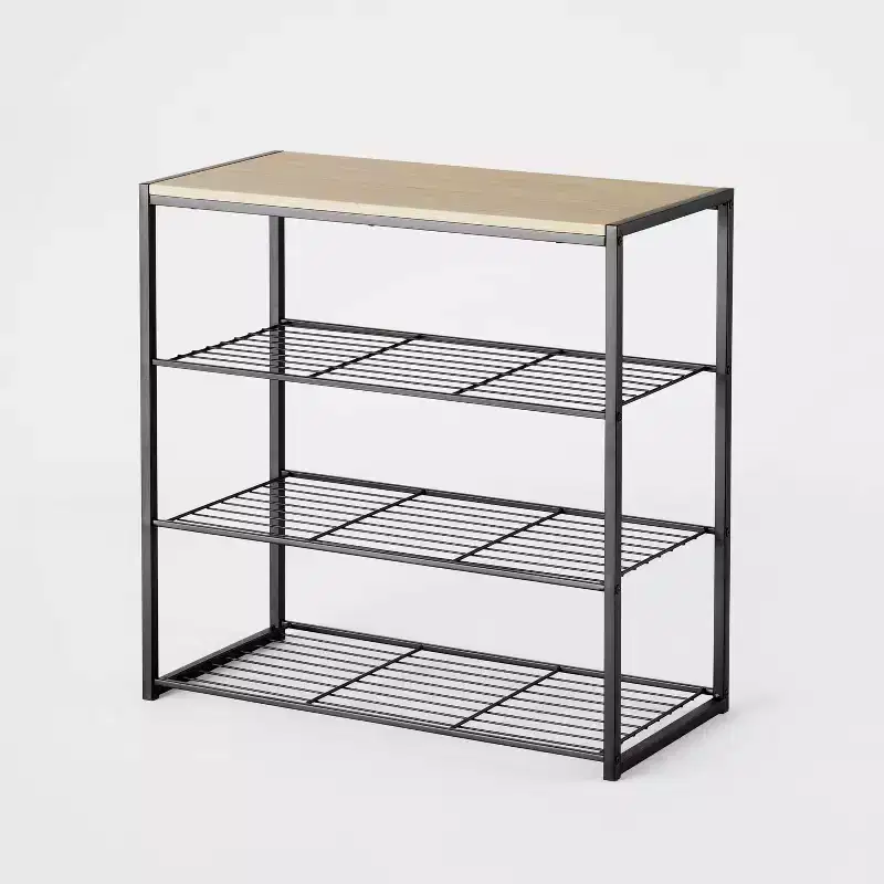 4 Tier Shoe Rack Black Metal with Natural Wood - Brightroom™