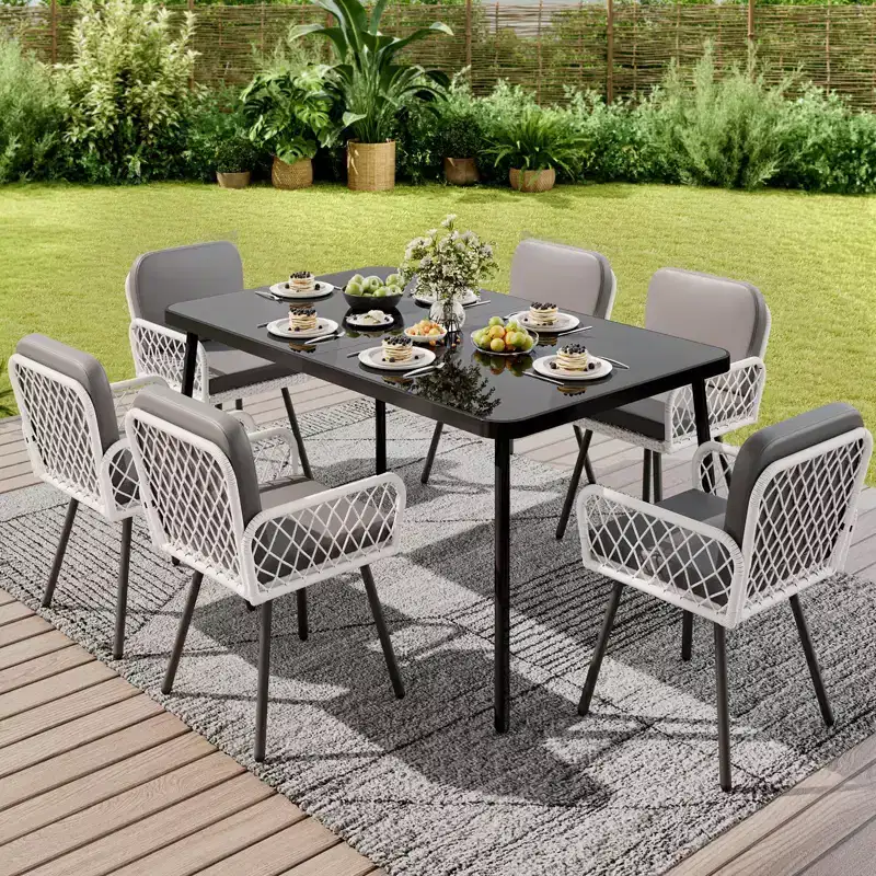 7-Piece Outdoor Patio Dining Set, 59x35 Iron Frame Table with Black Tempered Glass Top, 6 All-Weather PE Wicker Chairs with Gray Cushions