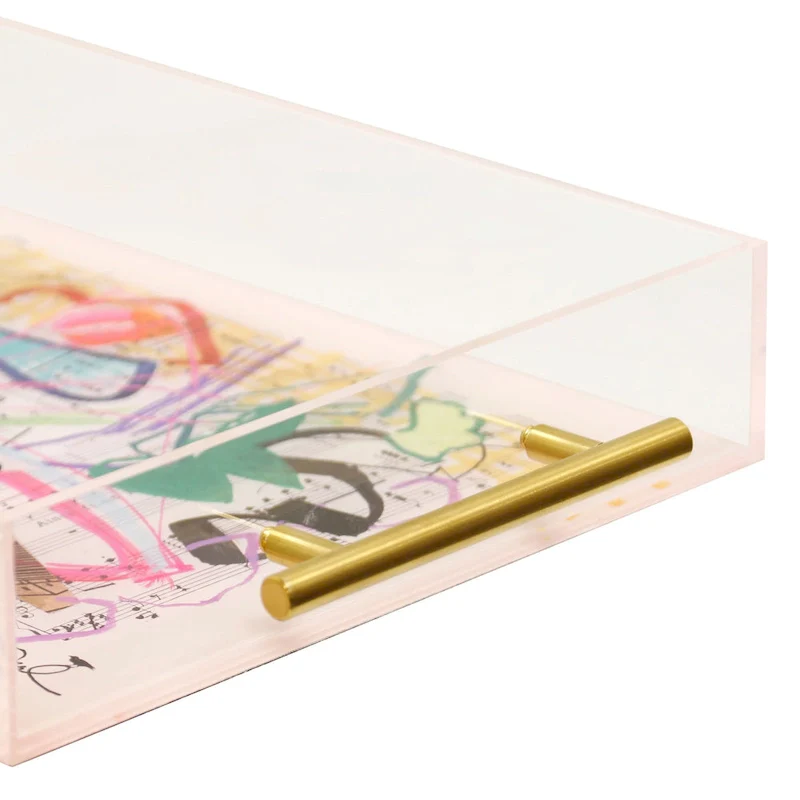 Harp & Finial Songbook II Acrylic Tray- Large - Abstract Print On Acrylic With Gold Handles