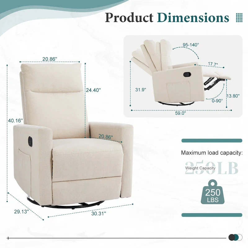 Grey / Brown / Beige Linen 360° Swivel Manual Recliner Chair with Adjustable Footrest – Single