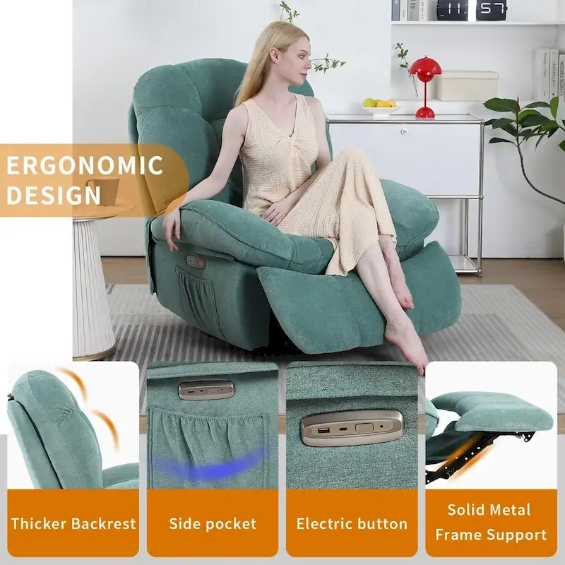 Swivel Power Recliner Chair, Massage Rocker with Heat, USB, USB-C and Side Pocket