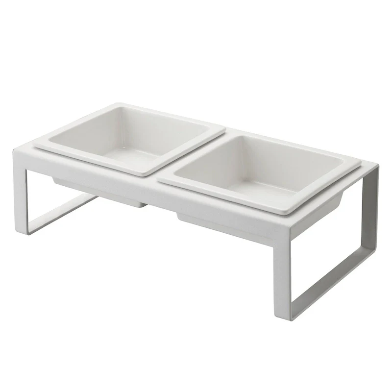 Elevated Pet Food Bowl Stand - Ceramic Bowls with Steel Frame (White/Black)