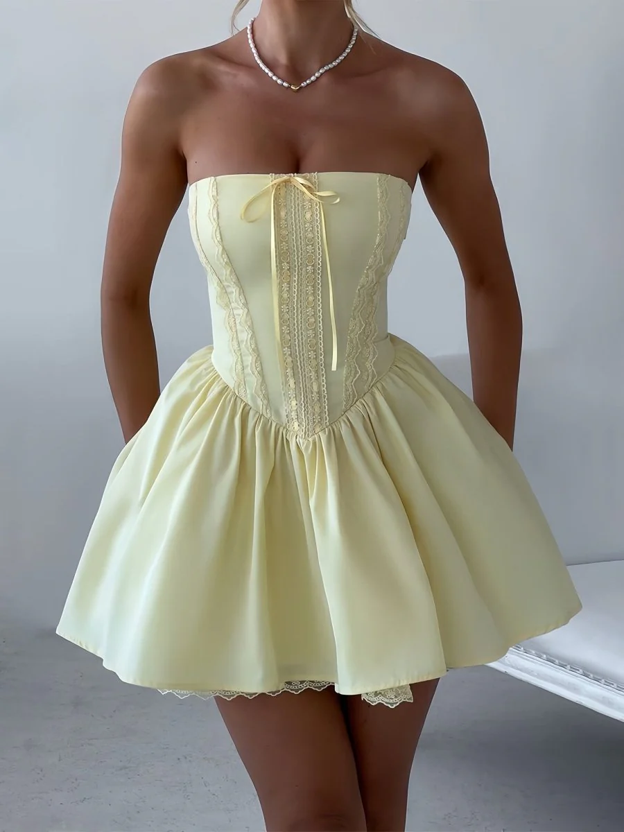 Yellow - A Line Satin Strapless Homecoming Dresses with Lace Panelings