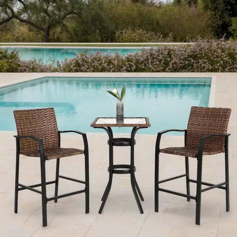 GDFStudio Burton Outdoor 3 Pieces Bar Stools Set with Glass Table Top