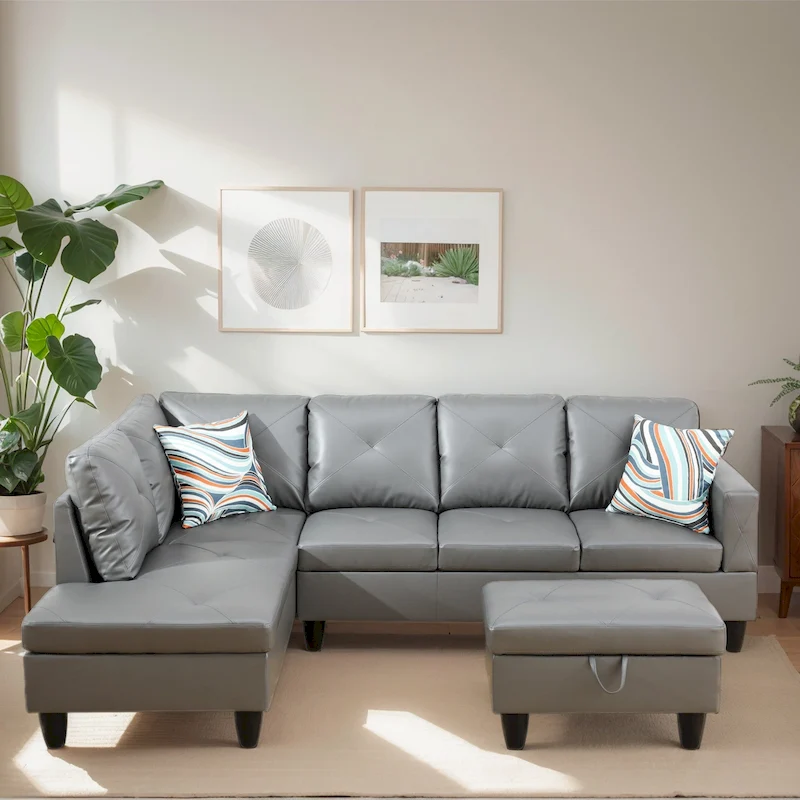 3-Piece Upholstered Sectional Sofa Set With Storage Ottoman