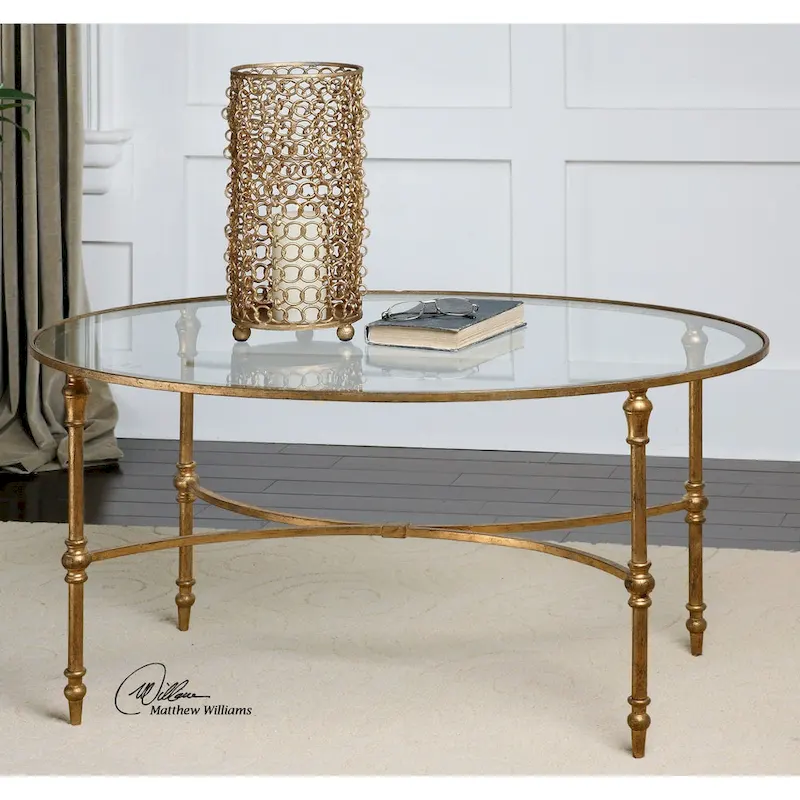 Gold & Clear Oval Glass Top Coffee Table, Metal Legs, 1 Piece