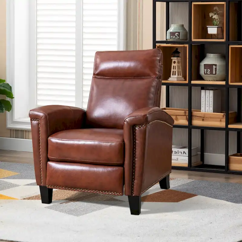 Brown Leather Pushback Recliner with Nailhead Trim and Wingback