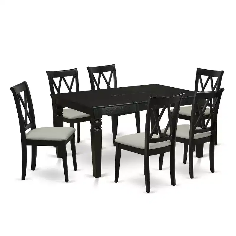 HomeStock 7-Piece Rectangle Black Finish Solid Wood Top Dining Table with 6-Chairs with Butterfly Leaf Cross Back