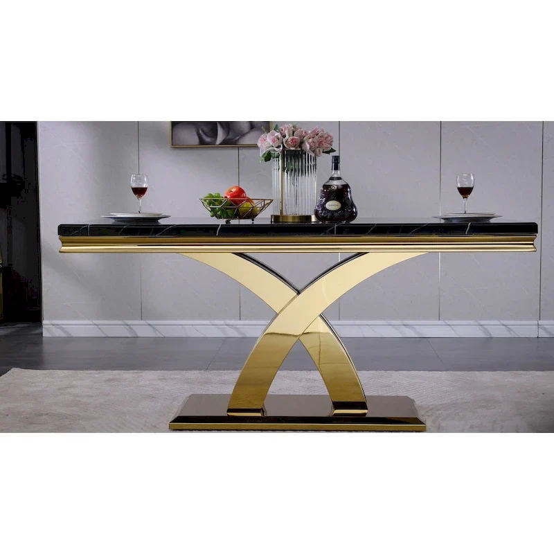 Black / Silver Rectangular Dining Table, Double X-Base, Seats 6