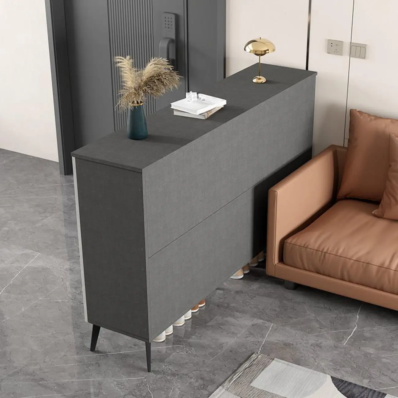 Trendy Gray-White Wooden Shoe Cabinet with Display Top