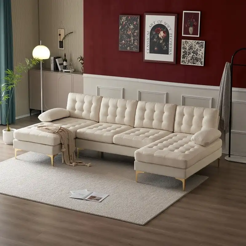 Beige U-Shaped Sectional Sofa for 5-6 People