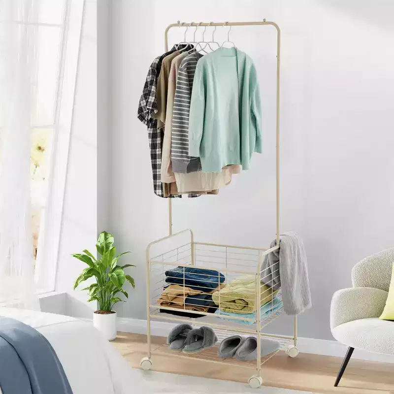 Clothes Rack, Portable Garment Rack Laundry Cart, Rolling Clothes Rack with Wheels and Shelves, Storage Shelves for Clothes
