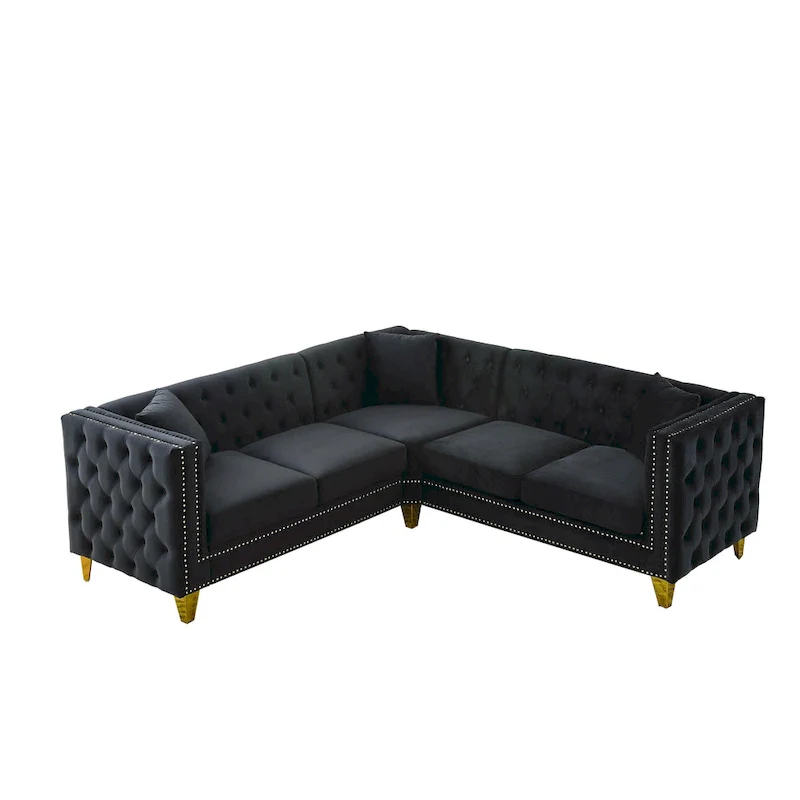 Black 82.2  Velvet Chesterfield L-Shaped 5-Seater Sectional Sofa with Nailhead Trim, Metal Legs, and Tufted Cushions