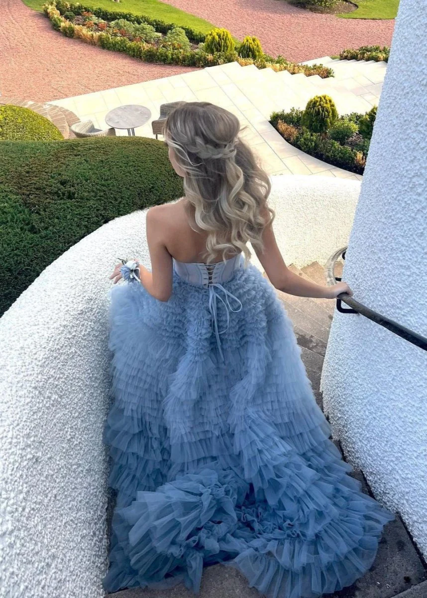 A Line Sweetheart Tiered Ruffled Tulle Long Prom Dress