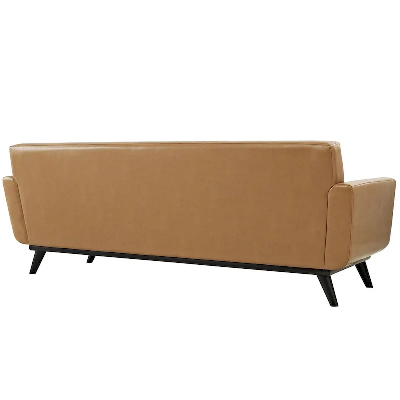 Tan Leather Mid-Century Sofa with Button Tufting