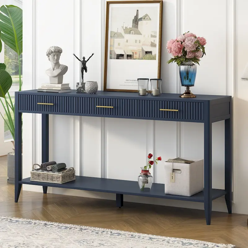 Console Table with Three Vertical Stripe Drawers and Long Legs