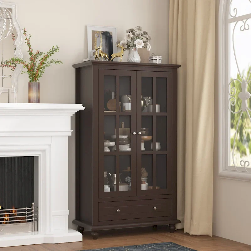 Tall Glass-Door Display Cabinet with Drawer – Dark Brown / White / Black, Modern Style