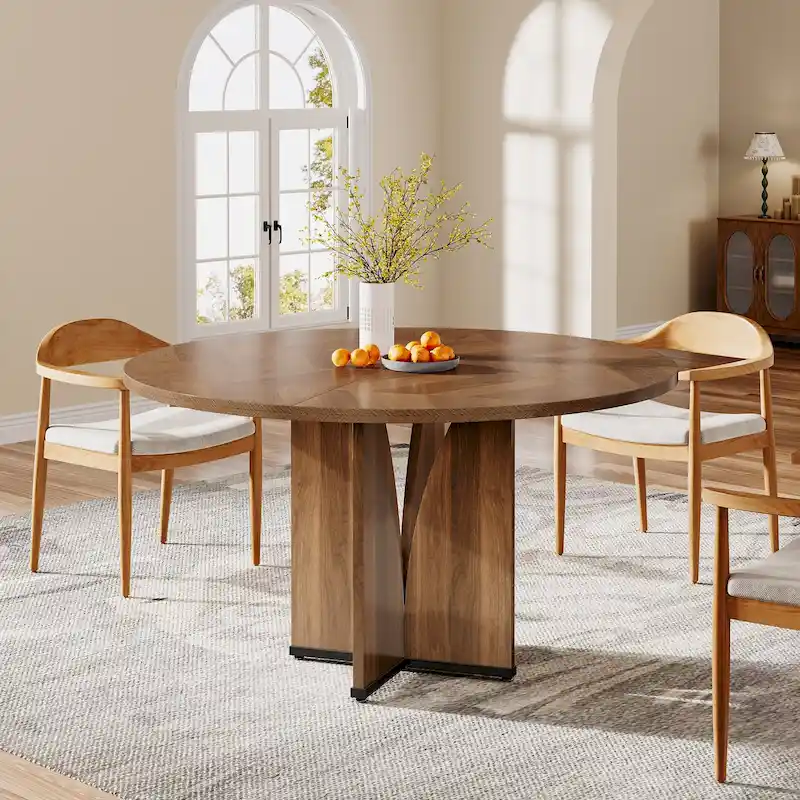 Brown Round Pedestal Dining Table for 4, 39.37-Inch