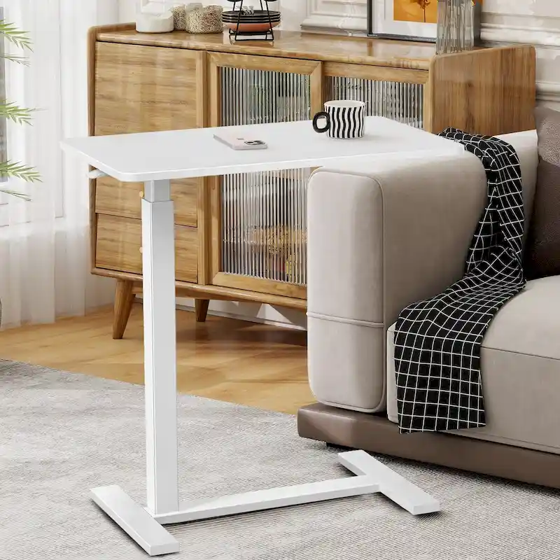 White Overbed Laptop Desk with Wheels, Adjustable Height 29.5