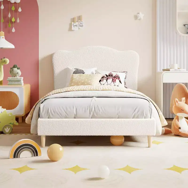 Beige Boucle Upholstered Twin Platform Bed with Adjustable Headboard, For 1 Child