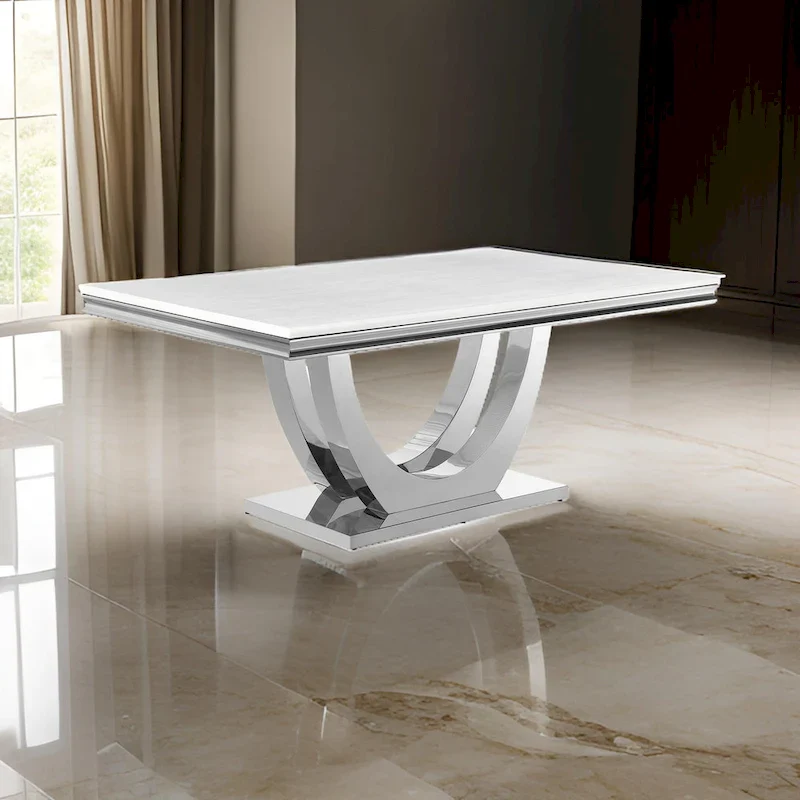 White & Chrome, Rectangular, Seats 6 — Faux Marble Dining Table