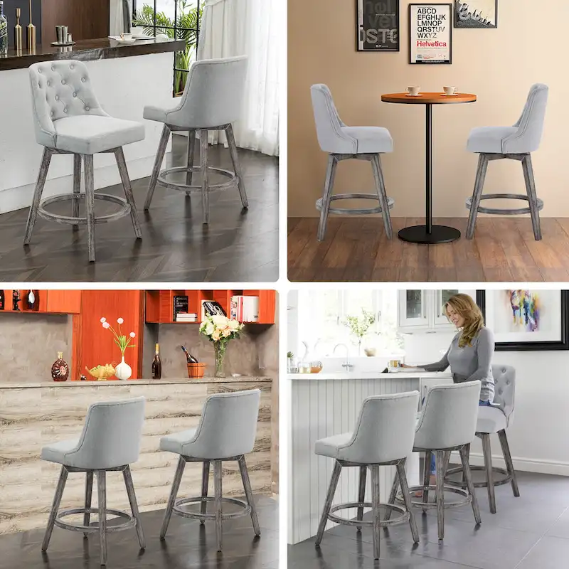 HOMYKA Tufted Swivel Bar Stool with Wood Grain Chair Legs Set of 2
