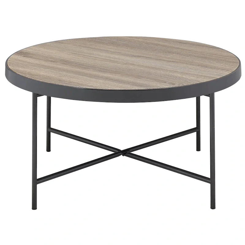 Round Farmhouse-Industrial Coffee Table – Weathered Grey Oak & Black Metal Frame