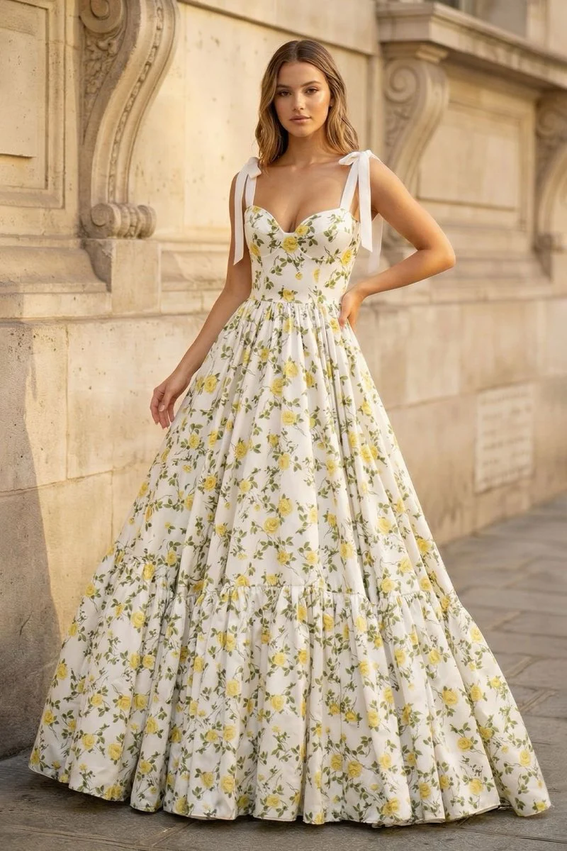 A-Line Sweetheart Floral Printed Satin Long Prom Dresses