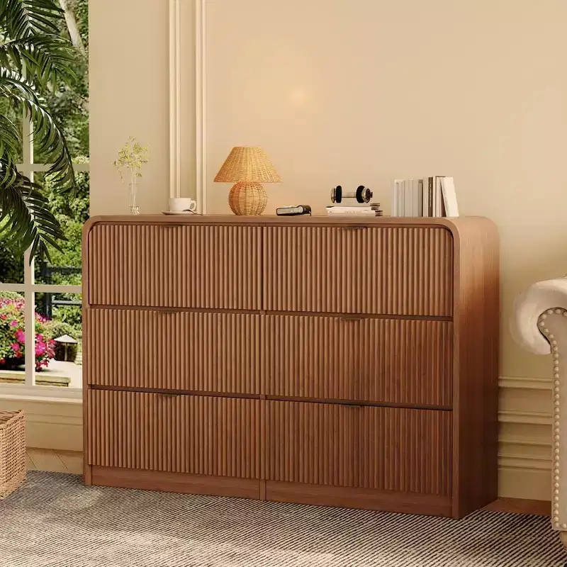 Walnut / Wood Color Fluted 8-Drawer Wide Dresser – Modern Style, 1-Person Assembly