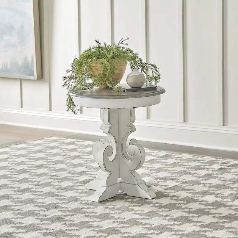 Round Scrolled Pedestal End Table, Antique White / Weathered Bisque, 1-Piece