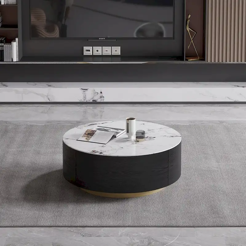 Modern Round Coffee Table with 2 Drawers, Sintered Stone Tabletop and Golden Base