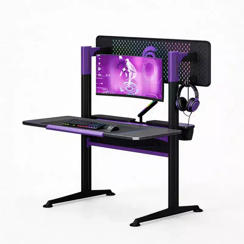 RSPGAME 54''Gaming Desk wtih RGB Monitor Stand, LED Gamer Desk with Power Outlet, Ergonomic Computer Desk with Storage Boxes,Black