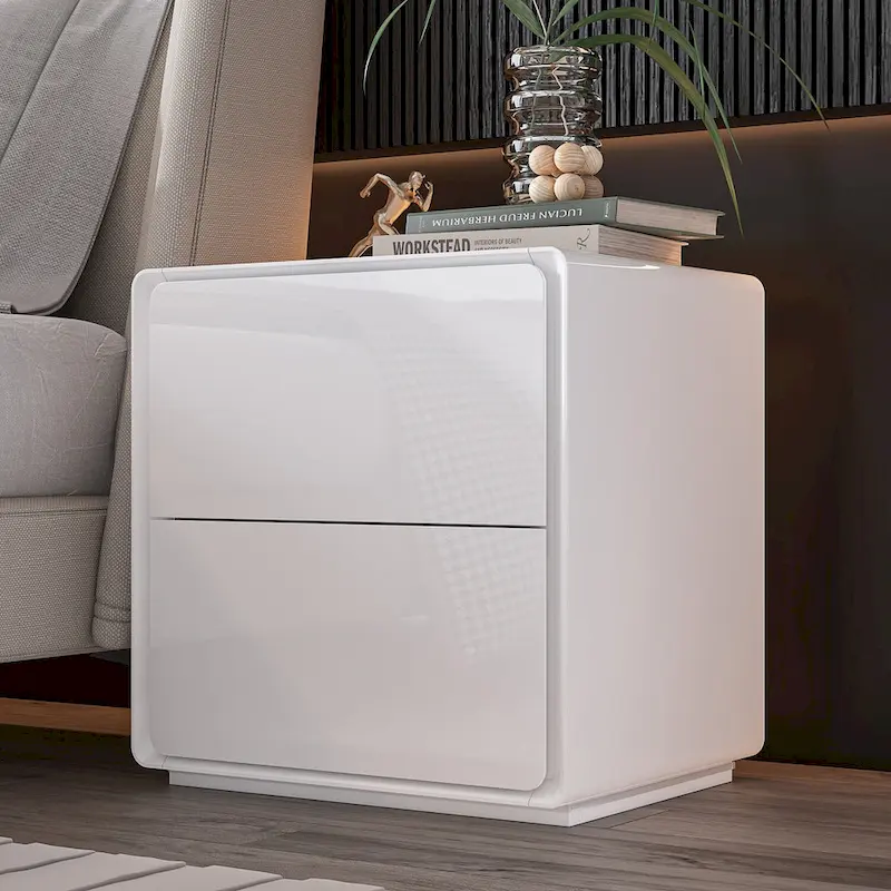 White High Gloss Nightstand with LED Lights - 2 Drawers