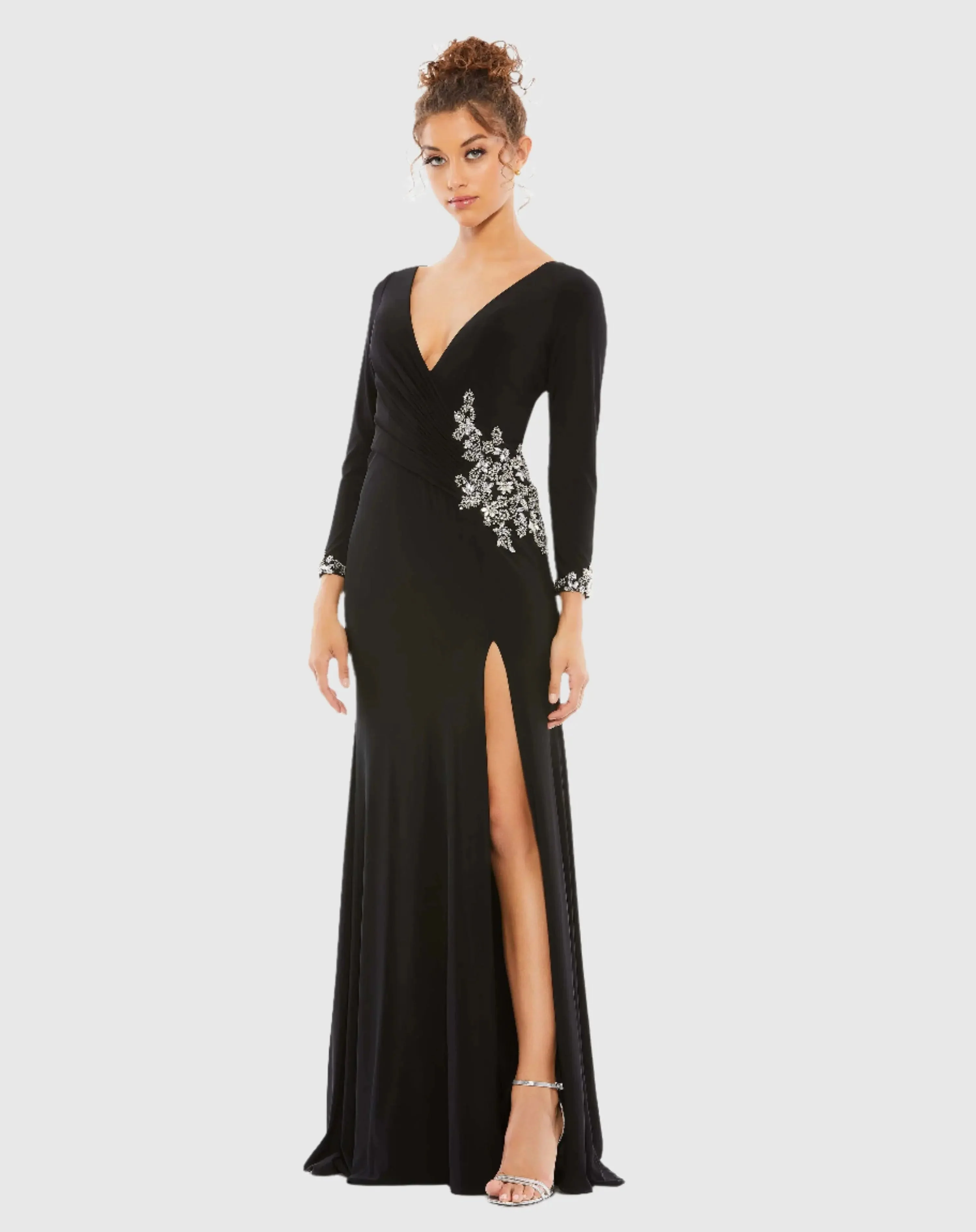 Black Floral Embellished Faux Wrap Jersey Gown