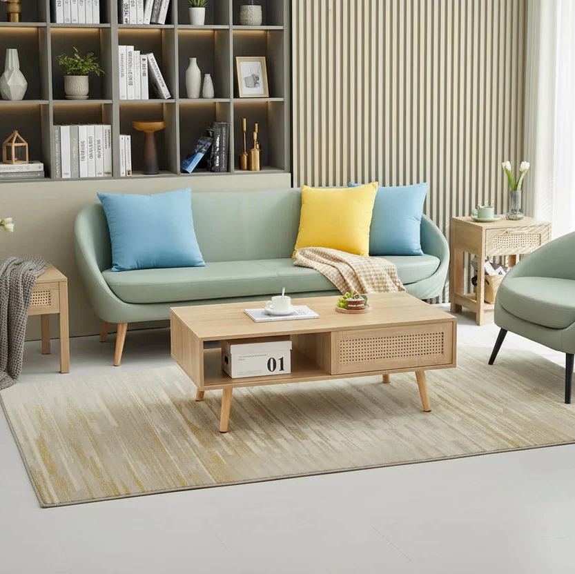 Rectangle Rattan Coffee Table with Storage, White / Natural