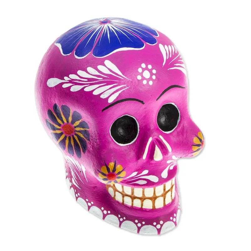 Novica Handmade Fuchsia Skull With Flowers Ceramic Figurine