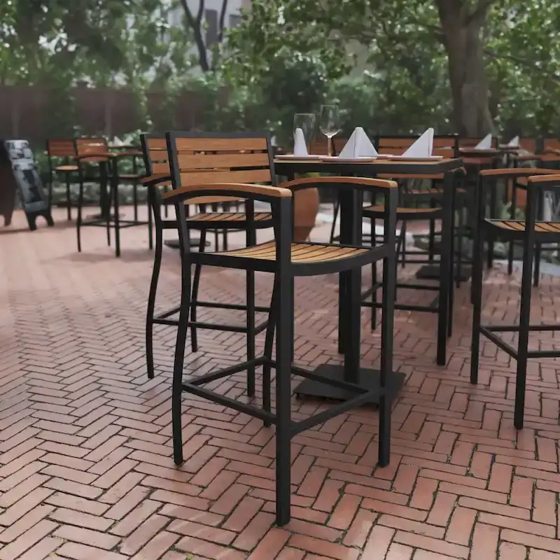 Commercial Grade Outdoor Bar Stool with Armrests and Poly Resin Slats
