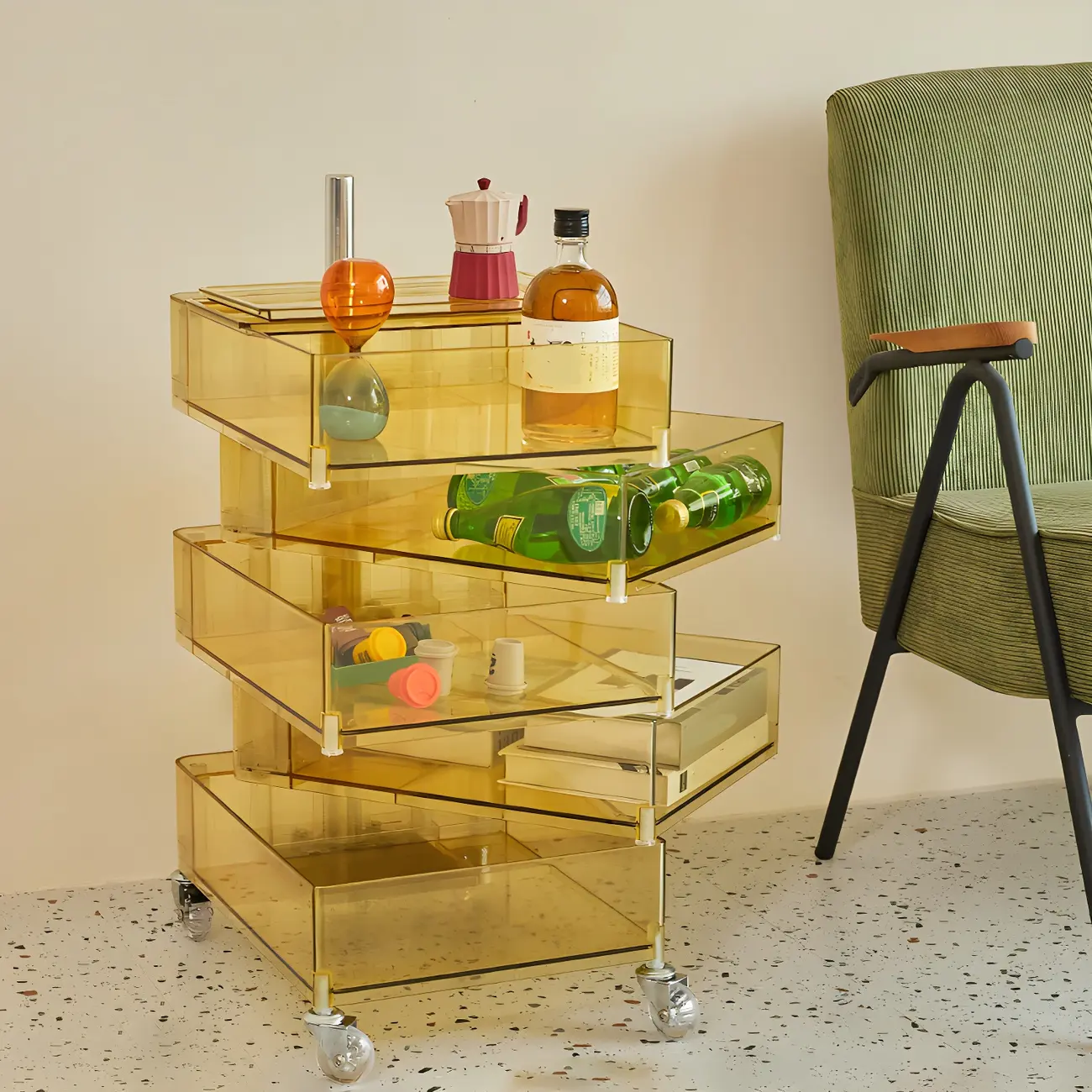 Vibrant Yellow Transparent Nightstand with Drawers and Wheels