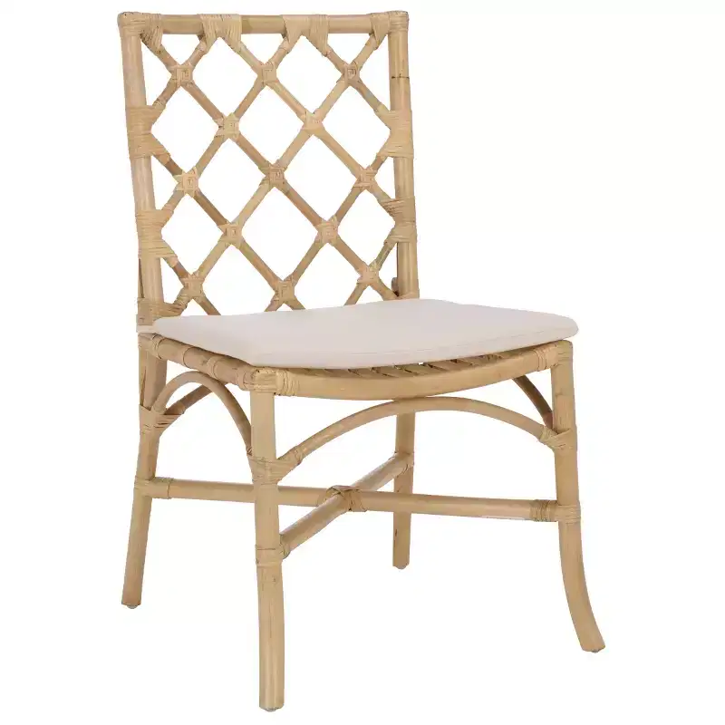 Rattan Dining Chair with Removable Cream Cushion, Natural Finish, Armless — 2-Pack