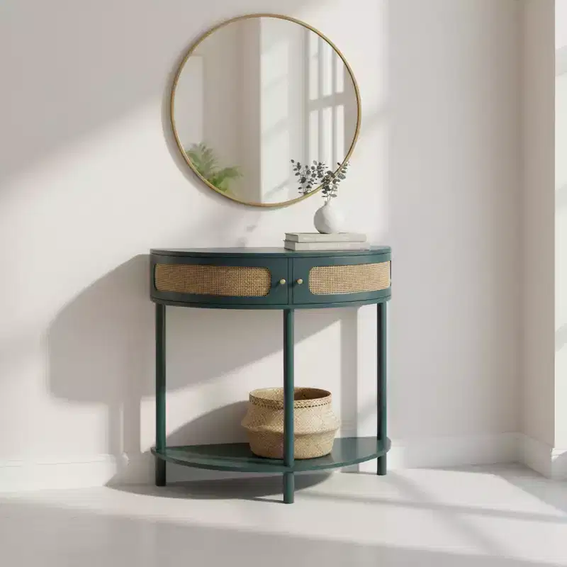 Homy Casa Half-Moon Console Table with Rattan-Inspired Door, Entryway Accent Storage