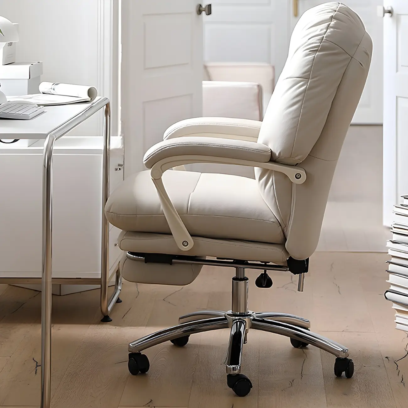 Elegant White Leather Casters Home Office Chair