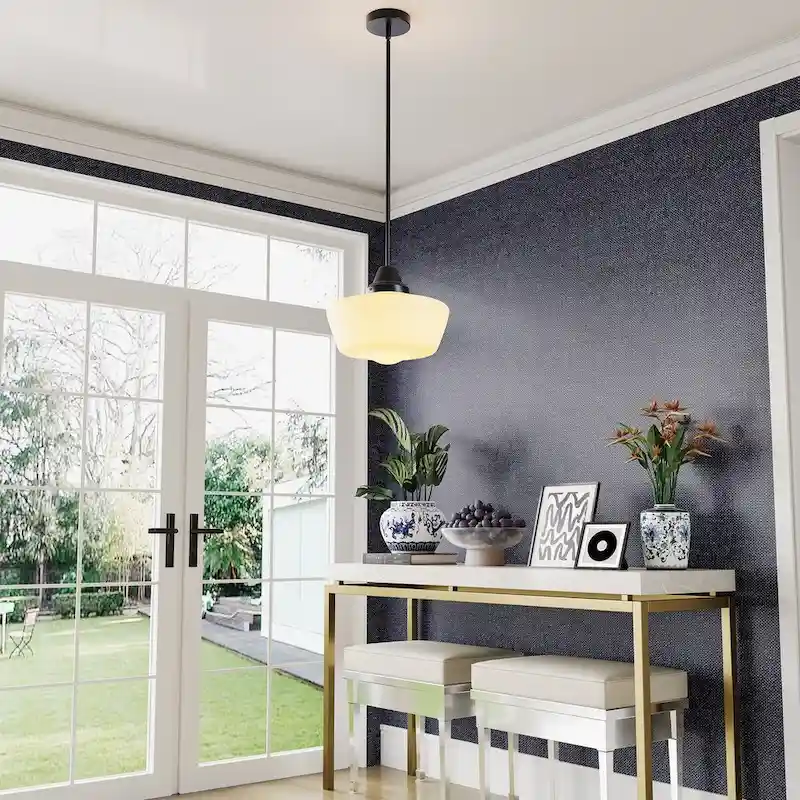 Modern Black 1-Light Pendant Light Fixture with Opal Glass Shade