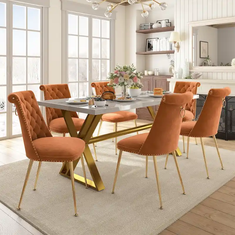 7-Piece Marble Dining Table Set with Velvet Chairs