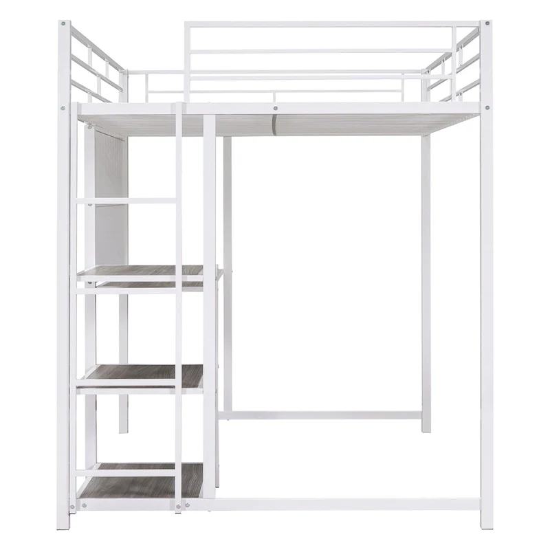 Metal Loft Bed with Desk, Whiteboard, Shelves, and Ladder