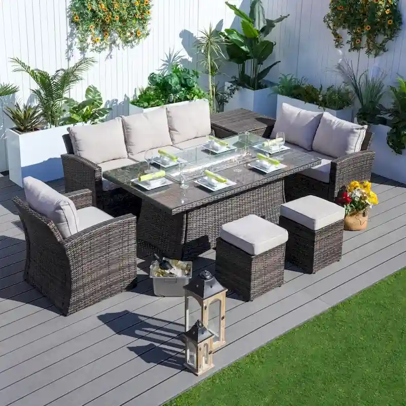 Morden Wicker/ Steel 7-piece Outdoor Conversation Firepit Dining Sets