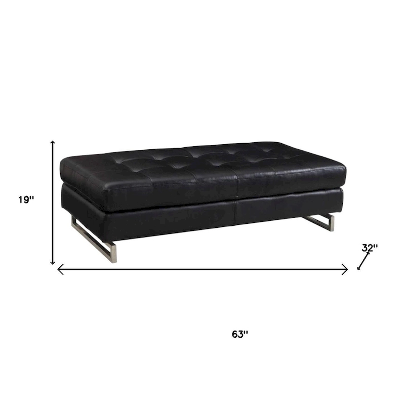 HomeRoots 63  Black Tufted Faux Leather and Silver Ottoman