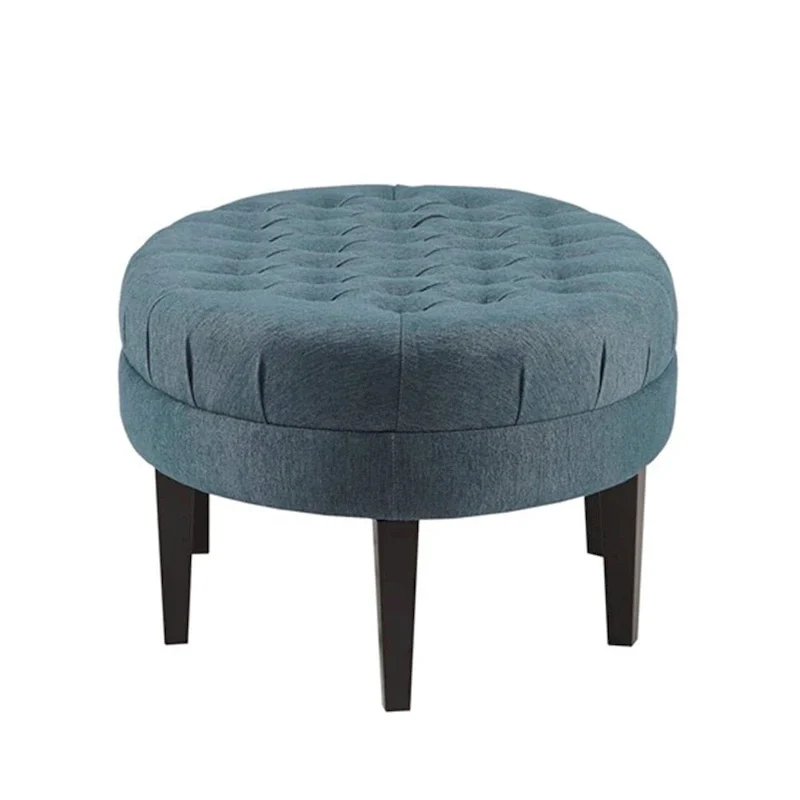 Blue Oval Button-Tufted Upholstered Ottoman with Wood Legs – Single