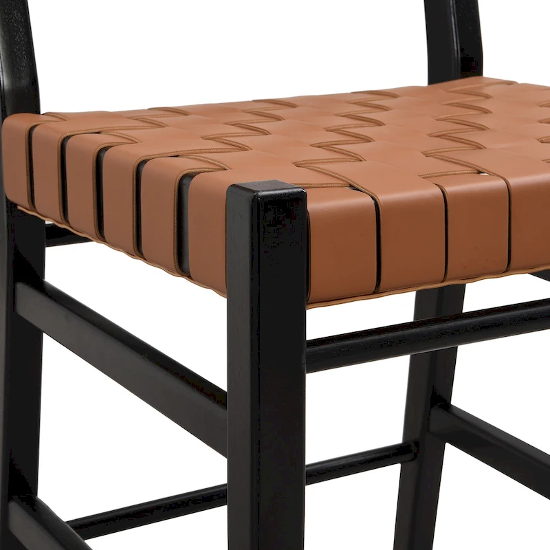 Roomfitters PU Leather Counter Stools, Set of 2 Bar Height Chairs with Woven Back and Rubberwood Frame, Black Brown