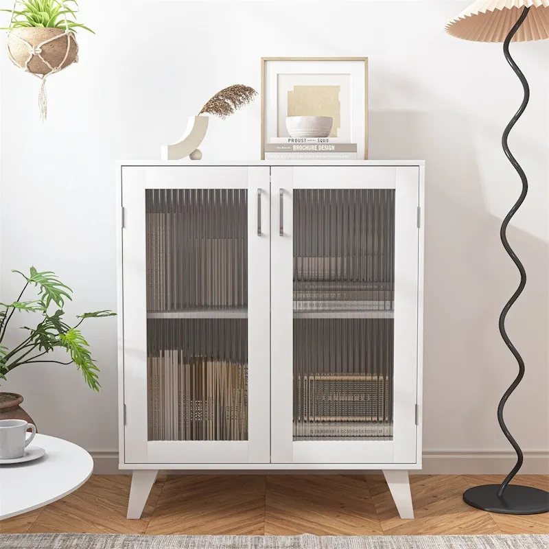 Storage Cabinet with 2 Glass Doors and Adjustable Shelf – White, Single