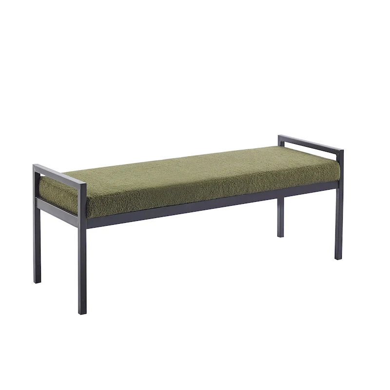 Upholstered Accent Bench, Teddy Fabric, Powder-Coated Steel Legs, Green / Off-White, 2-Person Use